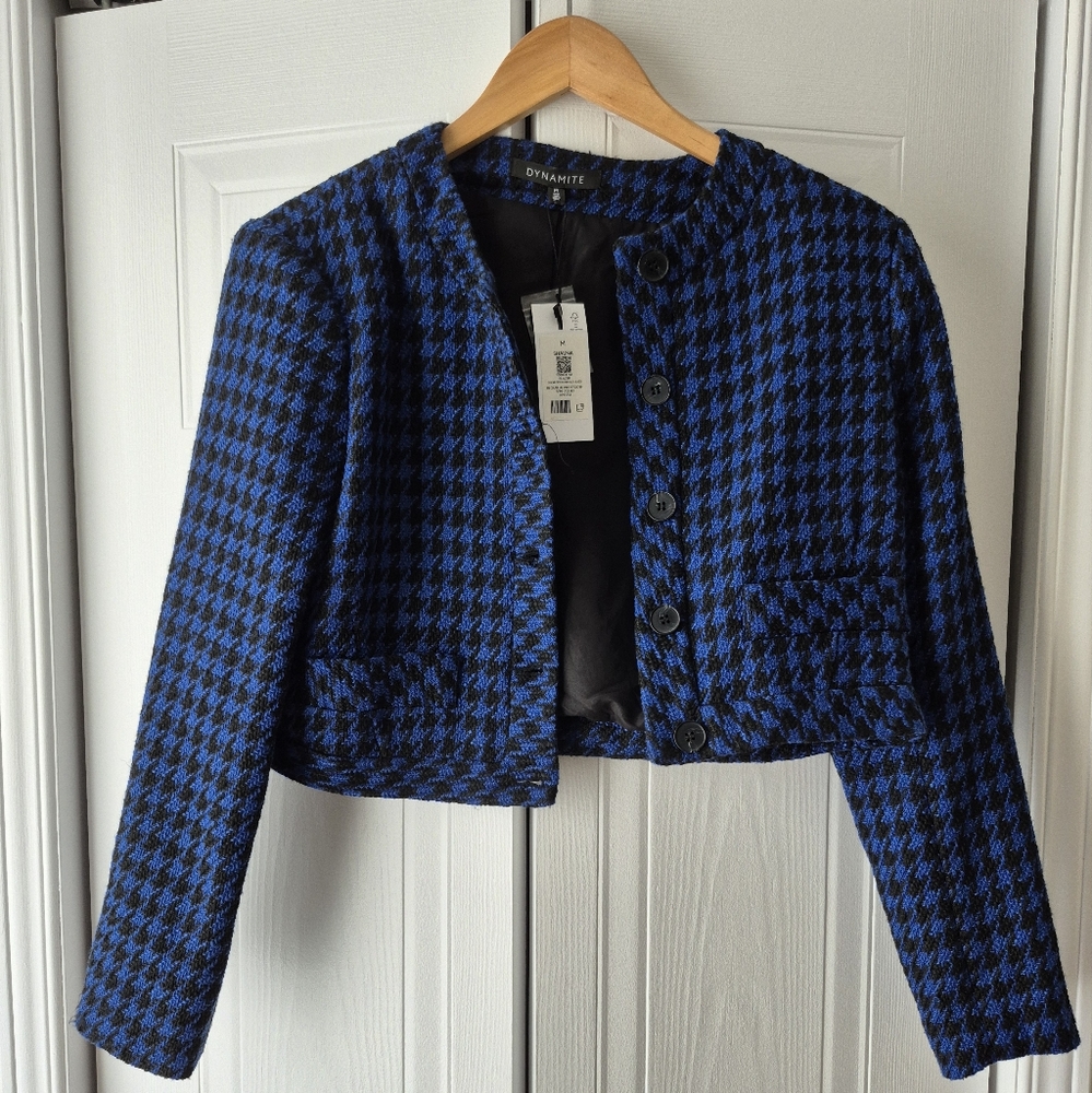 Houndstooth Cropped Button Blazer in Blue and Black